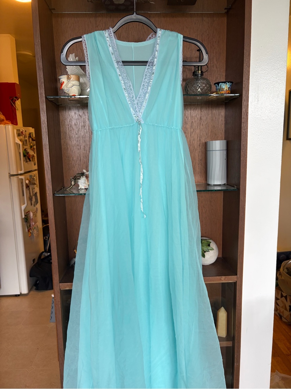 Vintage Light Blue Chiffon Maxi Dress with Lace Trim